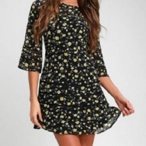 Lulus Black Floral Dress 3/4 Sleeve Extra Large XL